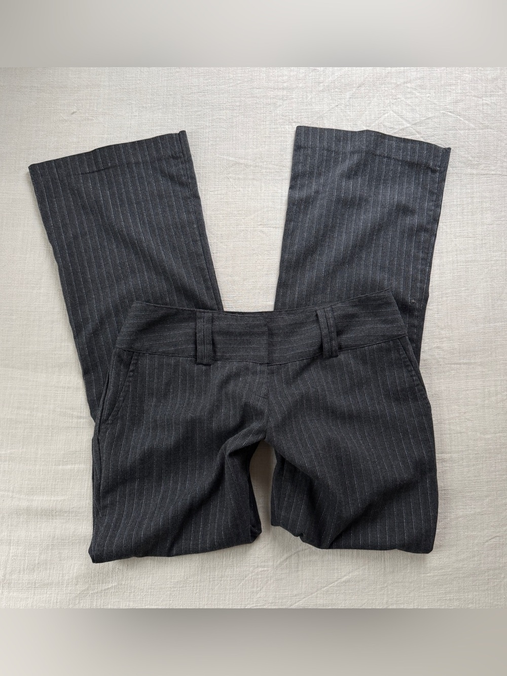 Y2K No Boundaries Grey Silver Shimmer Pinstripe Ultra Low Rise Flare Pants 30